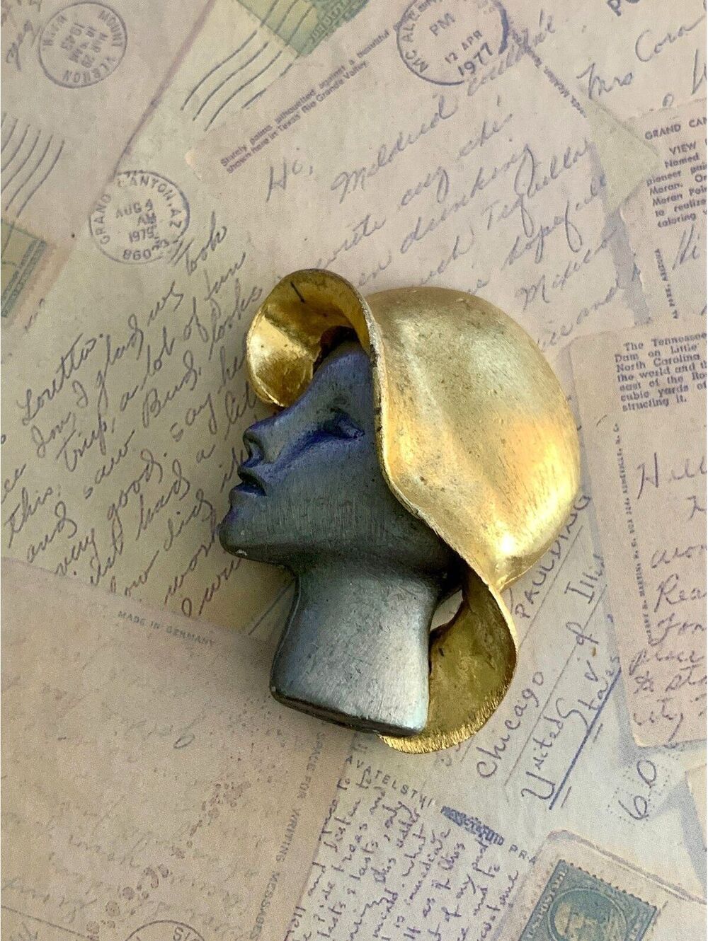 Vintage Signed Chic Retro Woman Profile Brooch with Gold Tone Hat Accent